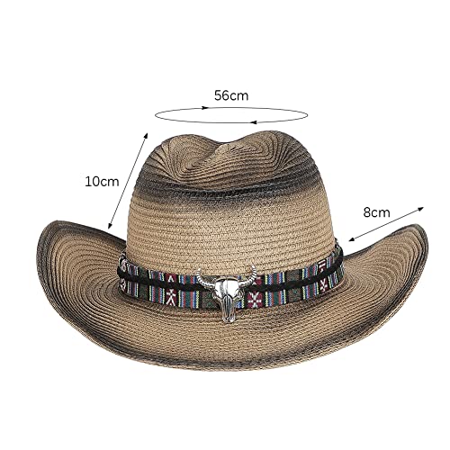 Straw Cowboy Sun Hat for Men Women Summer Fedora Beach Panama Western Cap - color: Brown