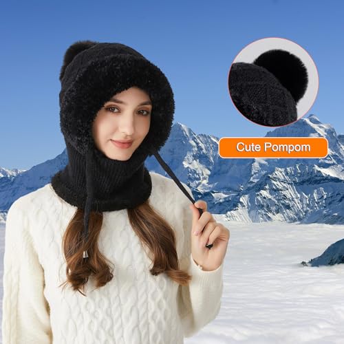 HUAMULAN Women Cable Knit Balaclavas Winter Fleece Lined Beanie Hat - color: Black With String