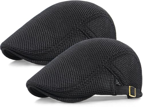 2 Pack Men's Mesh Cap Breathable Summer Newsboy Hat Adjustable Beret Ivy Cap Irish Cabbie Driving Hunting Hats - color: Black/Black