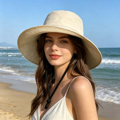 Womens Wide Brim Sun Hat UPF 50+ Foldable Bucket for Beach Travel - color: Beige