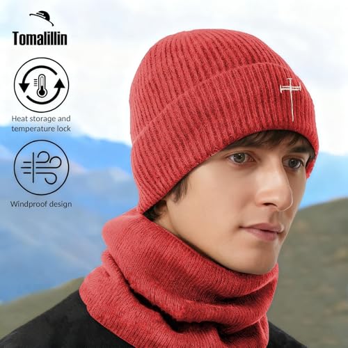 Winter Beanie for Men Women Fleece Lined Beanies Hats Soft Warm Thick Knit Hat - color: Light Red