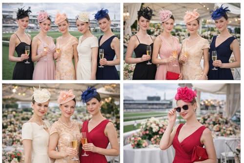 Fascinator Hat with Feather and Mesh – Floral Headpiece for Tea Party, Wedding, Cocktail Event - color: Navy