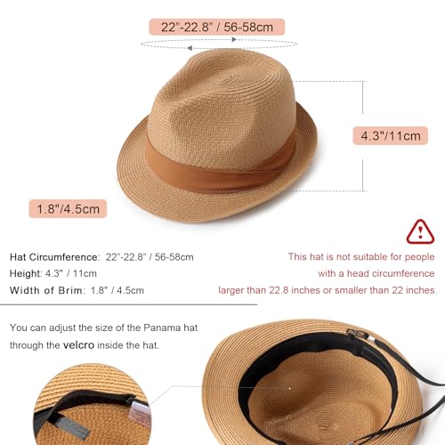 AQOKKA Summer Straw Fedora Hat for Women Men Travel Panama Hat with Wide Brim Roll Up Sun Hat for Beach Outdoor UPF 50+ - color: Khaki-brown