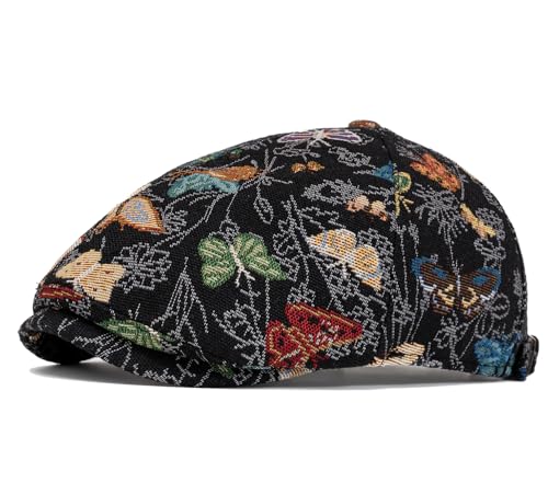 Quanhaigou Newsboy Flat Cap, Men's Vintage Gatsby Ivy Cabbie Hat, Beret Golf Driving Hats - color: Butterfly Black