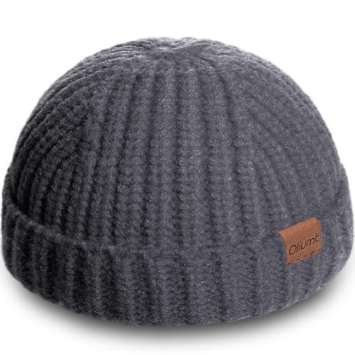 Fisherman Short Beanie Hats for Men, Knit Skull Cap Cuff Trawler Hat Mens Stylish Watch Cap Winter Warm Hat for Daily Wear - color: Dark Grey