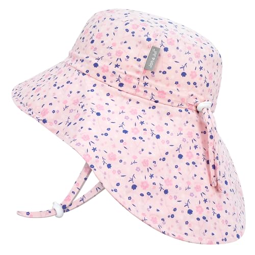 JAN & JUL Girls' Grow-with-Me Cotton Xplorer Sun Hat with Large Brim - color: Pink Blossoms, size: 5-12 Years
