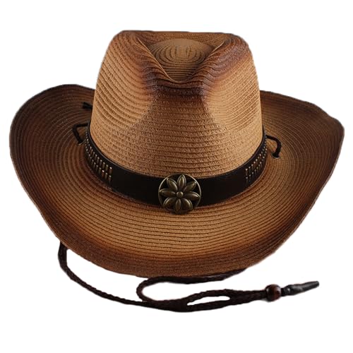 Cowboy Straw Hats，Classic Felt Wide Brim Western Style Hat & Cowgirl Hat with Buckle Women and Men - color: Khaki