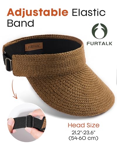 FURTALK Sun Visors for Women Straw Summer Hat Packable Wide Brim Beach Cap - color: Brown