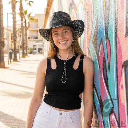 GEMVIE Men & Women's Summer Cowboy Cowgirl Straw Hat Hollow Out Style Roll Up Brim Cowboy Sun Hat - color: Black