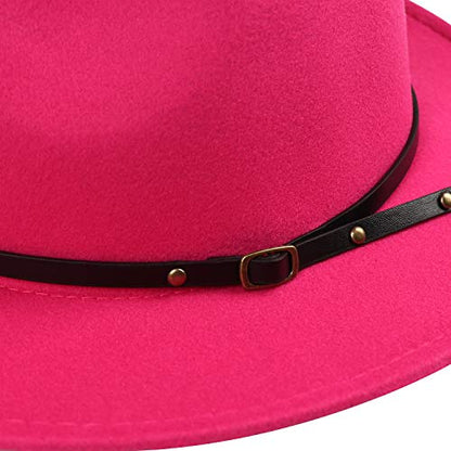 DRESHOW Women Classic Felt Fedora Wide Brim Floppy with Belt Buckle Panama Hat - color: 1 Pack: Felt Fedora Hot Pink