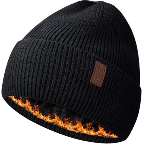 Fleece Lined Winter Beanie for Men Women Warm Windproof Beanies Hats Thick Knit Winter Hat for Cold Weather - color: Black
