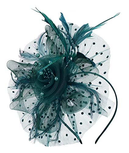 Fascinators Hat for Women Tea Party Headband Kentucky Derby Wedding Flower Cocktail Mesh Feathers Hair Clip - color: 1-peacock Blue
