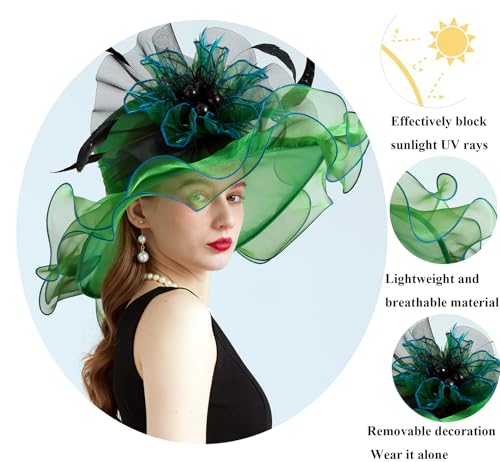 Women Organza Derby Hat Fascinator Tea Party Wedding Church Derby Hat Fascinator Hats Dual-use - color: 02b Dark Green