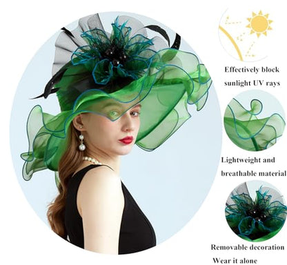 Women Organza Derby Hat Fascinator Tea Party Wedding Church Derby Hat Fascinator Hats Dual-use - color: 02b Dark Green
