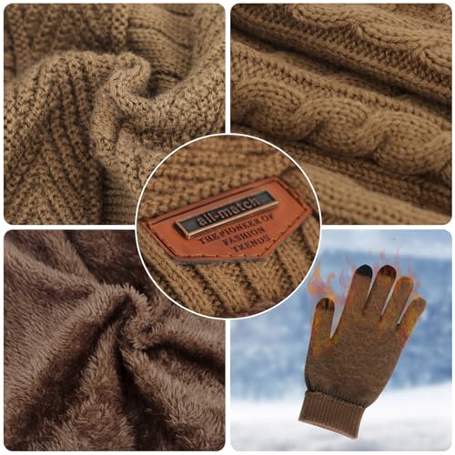 MAYLISACC Winter Knit Beanie Hat Neck Warmer Scarf and Touch Screen Gloves Set 3 Pcs Fleece Lined Skull Cap for Men Women - color: Khaki--3 Pcs--(hat+scarf+gloves)