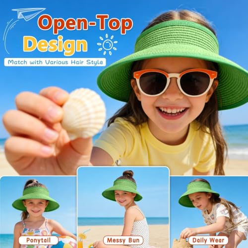 ZOORON Girls Straw Sun Visor Hat, Wide Brim Ponytail Beach Hat with Bow - color: Grass Green