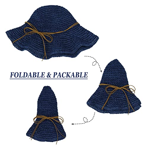Women Sun Hat Wide Brim Floppy Beach Hat Breathable UV UPF 50+ Straw Hat Foldable Packable Summer Outdoor Cap - color: Navy Blue