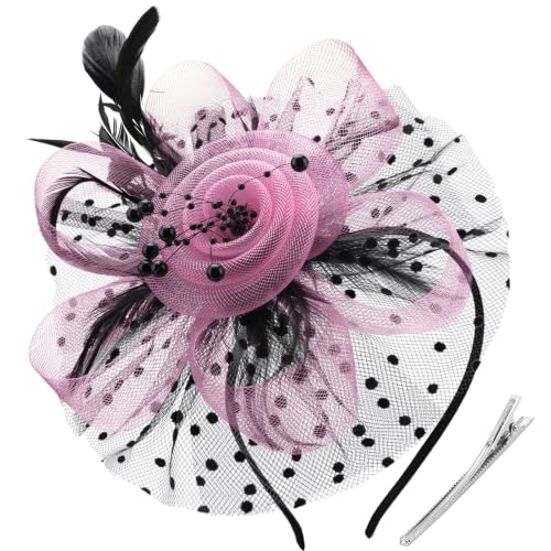 DRESHOW Fascinators Hat Flower Mesh Ribbons Feathers on a Headband and a Clip Tea Party Headwear for Girls and Women - color: 7" Diameter / Black & Pink