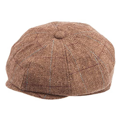 LADYBRO 8 Panel Newsboy Hats for Men Cap Irish Wool Blend Tweed, Adjustable - color: 002 Plaid Brown, size: 7 3/4-8