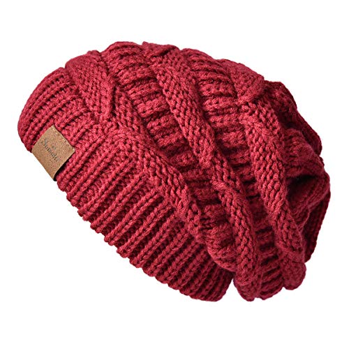 Women's Knitted Angora Wool Hat for Autumn and Winter Warm and Stylish with Rolled Brim and Slanted Rhinestones Cap - color: Z-wine Red