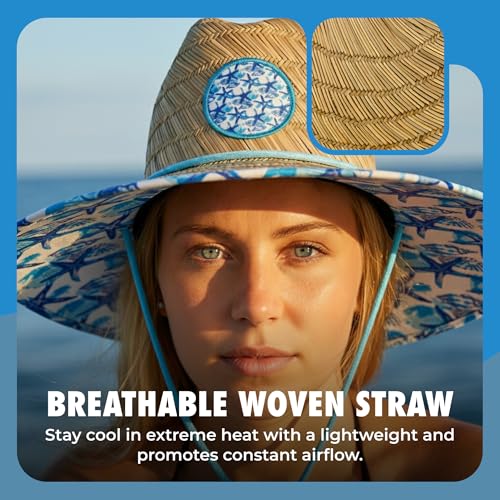 grinderPUNCH Straw Sun Hat for Men Women Wide Brim Beach Fishing UPF 50 - color: White & Blue Floral