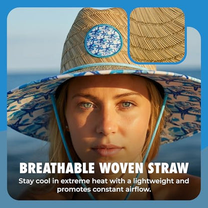 grinderPUNCH Straw Sun Hat for Men Women Wide Brim Beach Fishing UPF 50 - color: White & Blue Floral