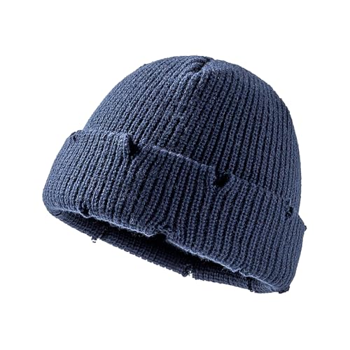 Unisex Warm Knit Skull Cap Hip-hop Slouchy Ripped Knitted Hat - color: Navy Blue
