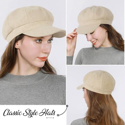 Women’s Newsboy Cap Wool Blend Retro Solid Color Girls Fashion Gatsby Cabbie Visor Beret Hat - color: Herringbone Beige