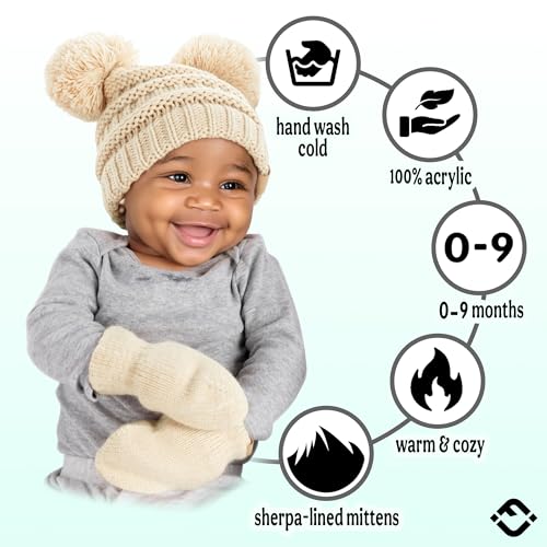 Funky Junque Baby Double Faux Fur Pom Pom Beanie & Mittens Set – Newborn Infant 0–9 Months Winter Hat with Soft Lined Mittens - color: Beige (0-9 Mo)