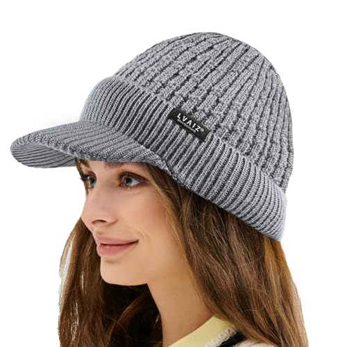 Womens Satin Lined Winter Beanie Hat with Brim Visor Warm Knit Baseball Cap - color: Light Grey