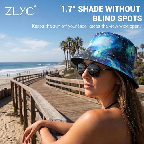 ZLYC Printed Bucket Hat for Women Men Packable Summer Sun Hat for Beach - color: Galaxy Blue