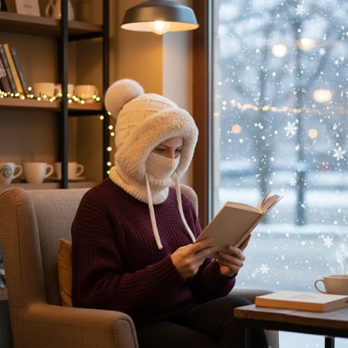 HUAMULAN Women Cable Knit Balaclavas Winter Fleece Lined Beanie Hat - color: Beige With String