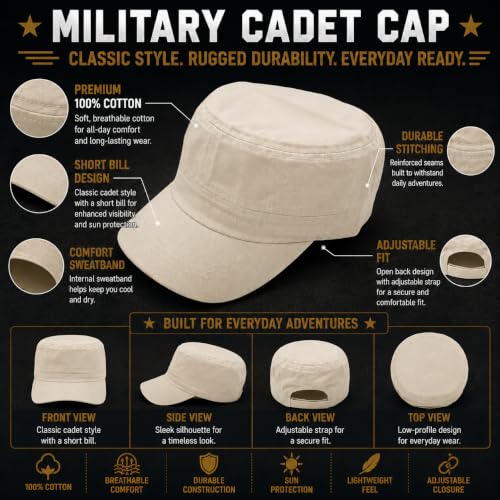 Military Cap Cadet Hats for Men Women Short Bill Army Style - color: Stone