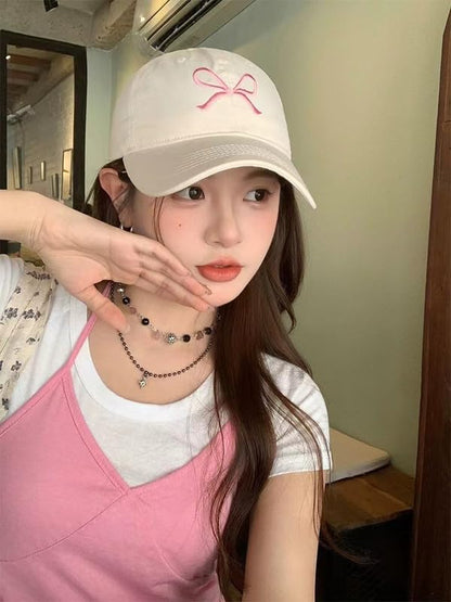 Unisex Bow Embroidery Baseball Cap Adjustable Outdoor Mom Sun Hat - color: Light Blue