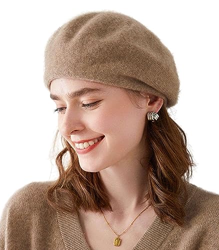 Cashmere Berets Beanie Hats Women Winter Warm Merino Wool Fashion Knit Cap - color: Camel