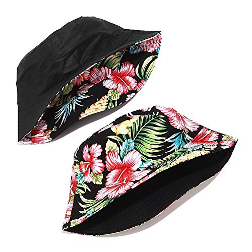 Unisex Print Double-Side-Wear Reversible Bucket Hat - color: Flower Black