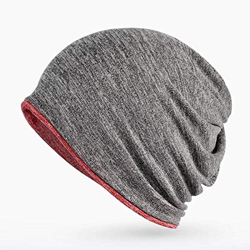 Jeelow Cotton Slouchy Open Top Beanie Hat 2 Pack - color: Black + Red Grey