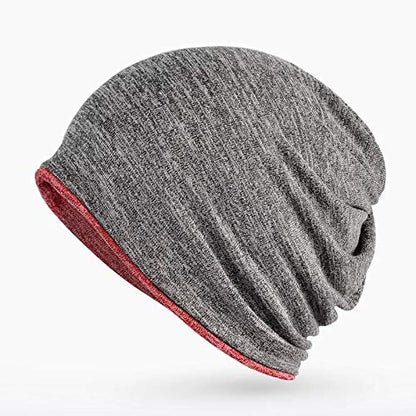Jeelow Cotton Slouchy Open Top Beanie Hat 2 Pack - color: Black + Red Grey