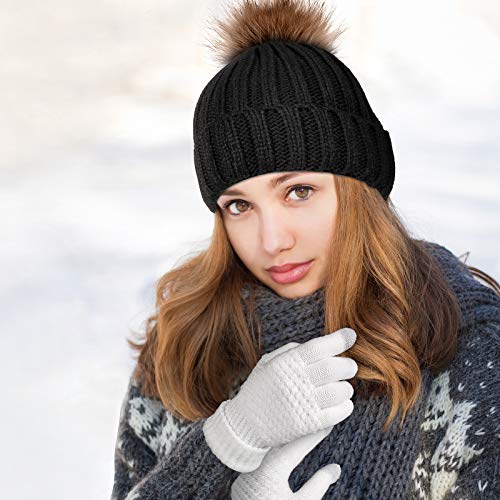 Syhood 4 Pcs Hat and Glove Set Winter Beanie and Glove Set - color: Black and White
