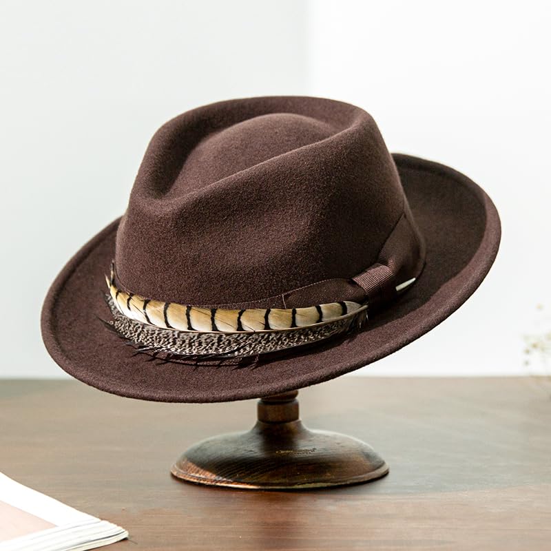 Home Prefer Men's Wool Felt Winter Hat Short Brim Fedora Hat with Feather - color: Coffee Ring Necked Feather