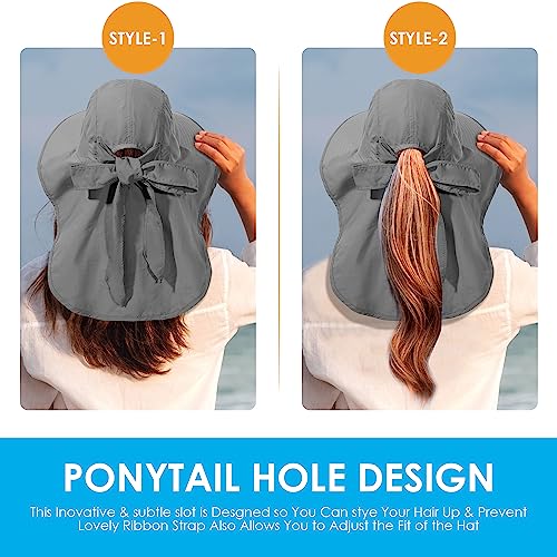 Womens Sun Hat UV Protection, Foldable Waterproof Wide Brim Bucket Hats with Neck Flap for Summer Beach Fishing Hiking - color: Drak Grey