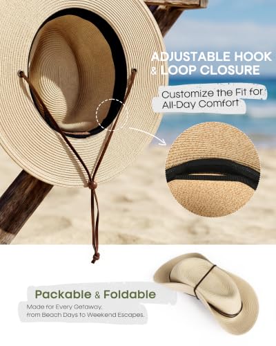 FURTALK Sun Hat Panama Fedora Straw Beach Hat with Wind Lanyard UPF - color: Beige, size: Large-X-Large