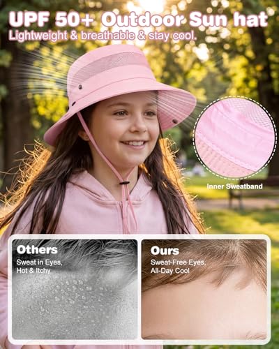 Century Star Kids Sun Hat with Ponytail Hole & Detachable Neck Flap UPF50+ Quick Dry Girls Bucket Hat for Outdoor Beach - color: Light Pink