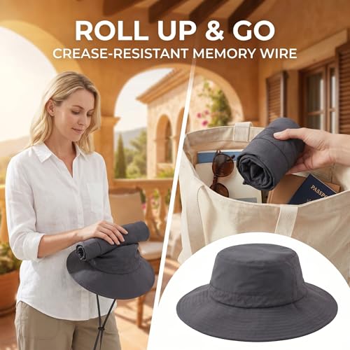Moon Kitty Men's Sun Hat UPF 50+ Wide Brim Bucket HatAdjustable Nylon Fishing Hiking Boonie Hat for Large Heads - color: Grey