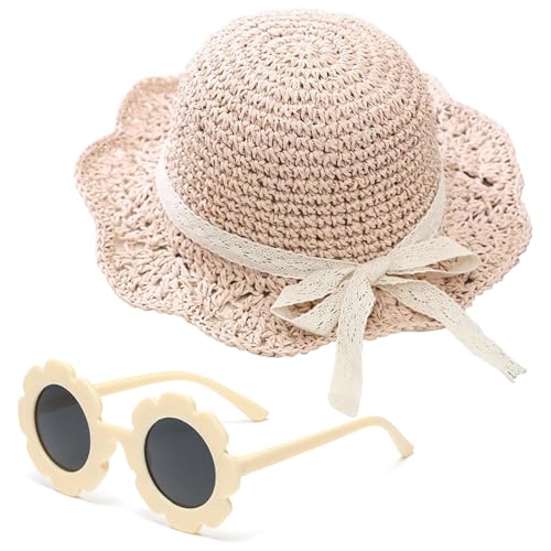 Girls Straw Hat with Flower Round Sunglasses, Summer Foldable Large Brim Sunflower Bowknot Beach Toddler Straw Sun Hat, 2-6T - color: Beige-bow