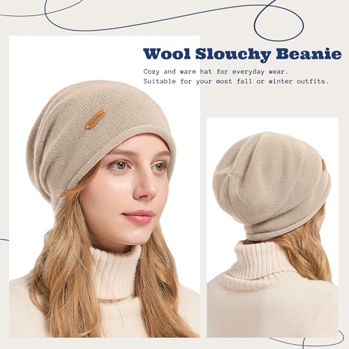 ACUSHLA 100% Merino Wool Slouchy Beanie for Women Men Winter Hat Skull Cap - color: Light Beige