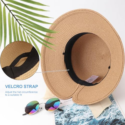 DRESHOW Sun Hats for Women Travel Fedora Foldable Beach Sun Hat Summer Wide Brim Straw Bucket Hat with Bowknot UPF 50+ - color: 1 Pack With Bowknot: Camel (Beige Band)