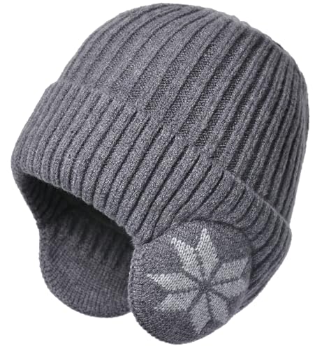Knit Beanie Hat with Earflaps – Winter Warm Thick Fleece Lined Ski Skull Cap for Men Women - color: Grey