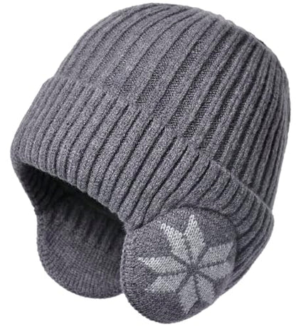 Knit Beanie Hat with Earflaps – Winter Warm Thick Fleece Lined Ski Skull Cap for Men Women - color: Grey