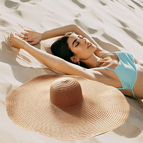 Oversized Beach Hat Women, Extra Wide Brim Foldable Straw Floppy Sun Hat - color: Khaki